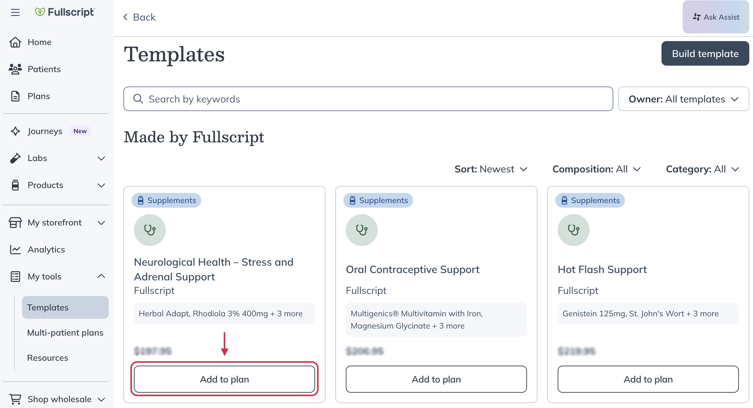 The Made by Fullscript templates page with the Add to plan button highlighted.